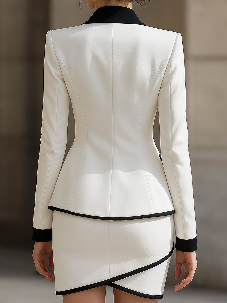 Contrast Trim Tuxedo Blazer And Skirt Set