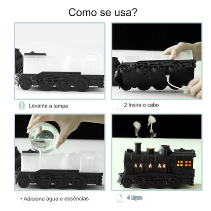 Difusor Umidificador de Ar Locomotiva Castiliani, elegante e criativo, ideal para hidratar o ambiente e melhorar a saúde respiratória

