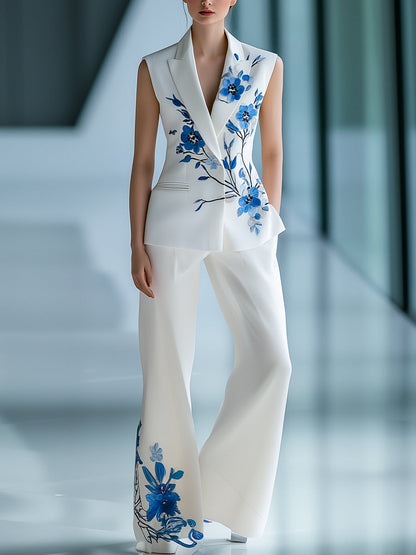 Urban Sleeveless Floral Printed Blazer and Trousers Set