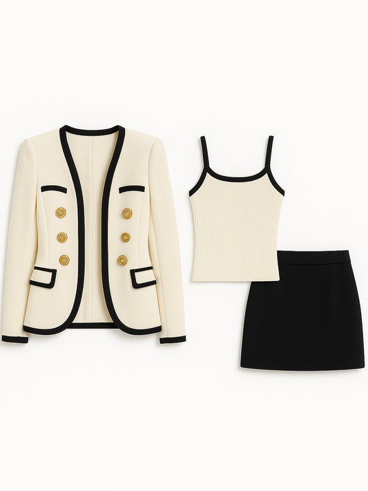 Three-Piece Set Contrast Trim Gold-Button Blazer Suit Set