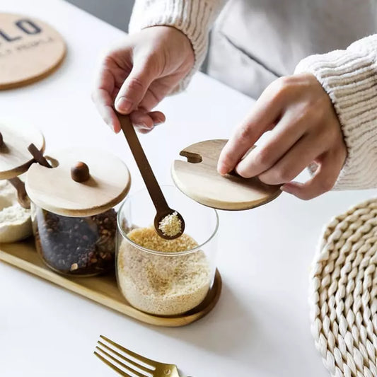 Conjunto de Potes de Vidro com Tampa de Madeira Castiliani






