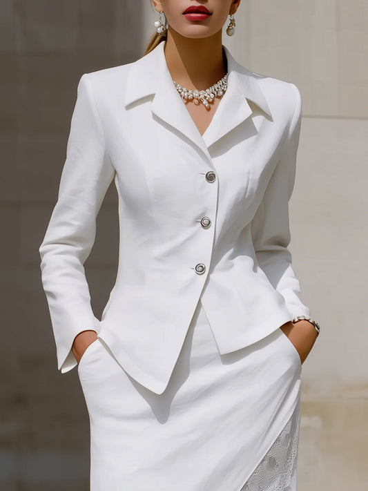 Tailored Blazer And Lace-Trim Asymmetric Skirt Set