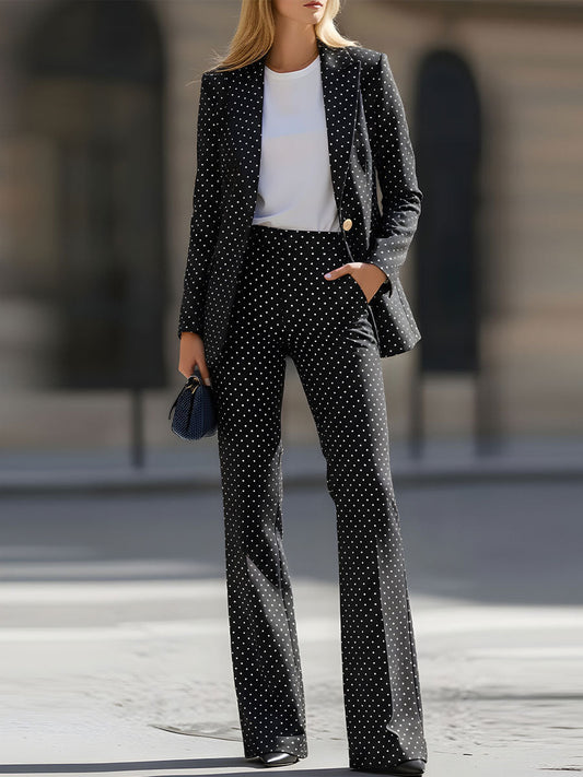 Chic Black Polka Dot Tailored Suit Set